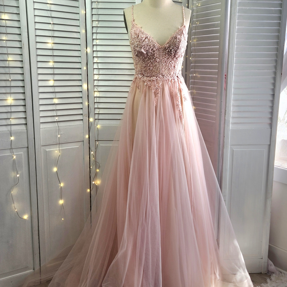 Sherri Hill Blush Pink Lace and Beads Embellished Tulle Skirt Flowy Prom Gown